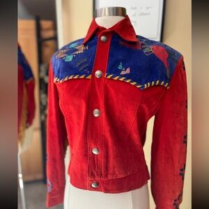 VINTAGE CHAR SANTA FE Small suede fringe red hand painted jacket